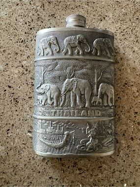 Thailand Embossed Pewter Elephant Hip Flask - Silver Tone